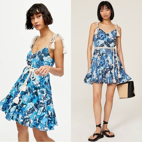 RHODE Mod Floral Sleeveless Tassel Rope Tie Waist Pleated Flare Skirt Dress S - Picture 1 of 10